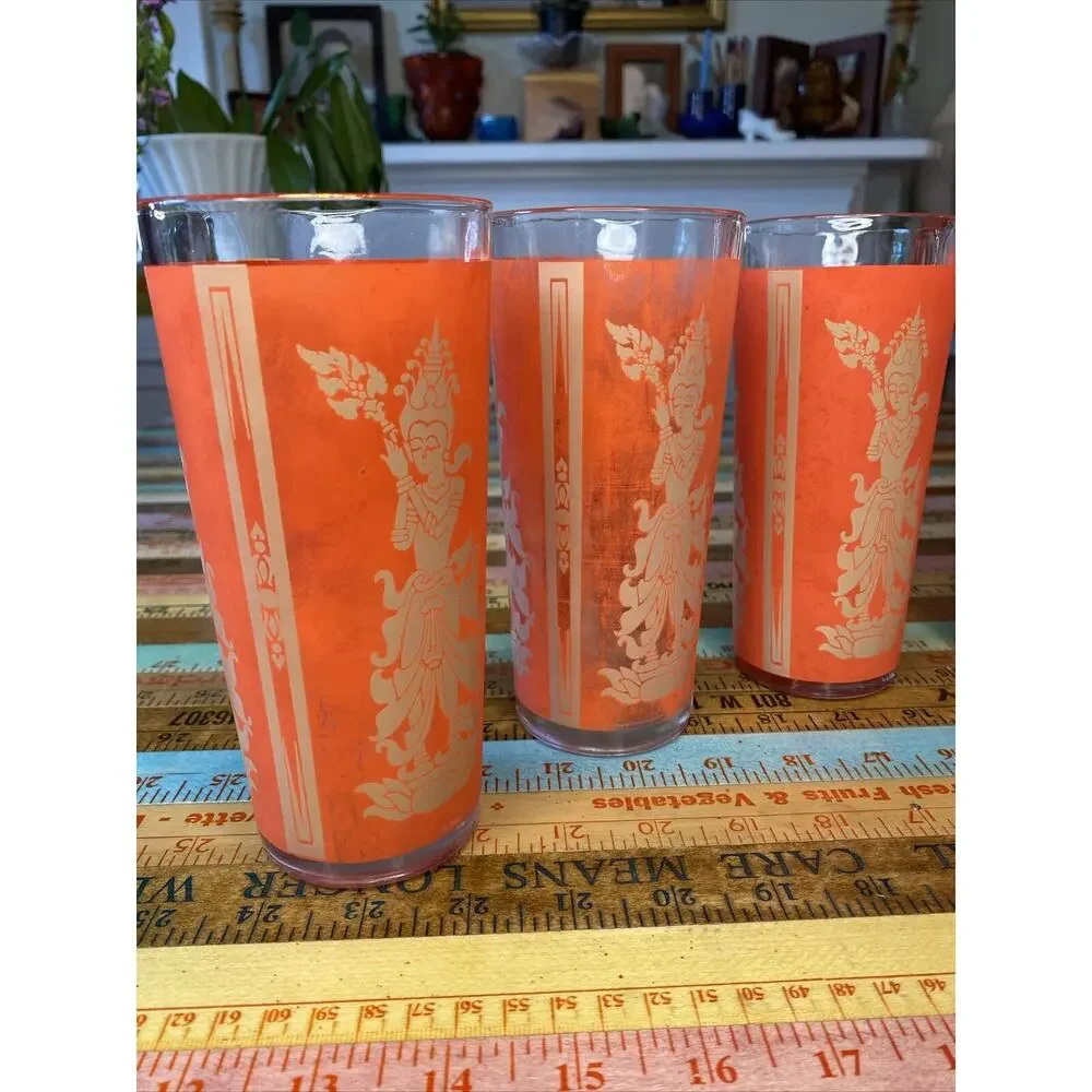Thai Goddess High Ball Glass Mid Century Modern Retro Bar Set of 5 Asian MCM Red